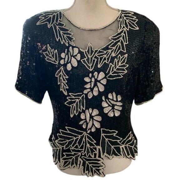Vintage STENAY Black Beaded Sequin Silk Top Evening - Picture 5 of 5